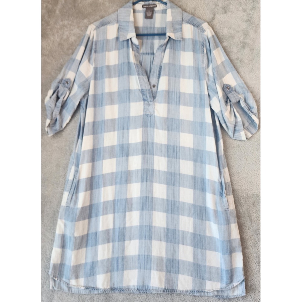 Chelsea & Theodore Shift Dress Womens XL Blue Buffalo Check Roll-Tab Preppy